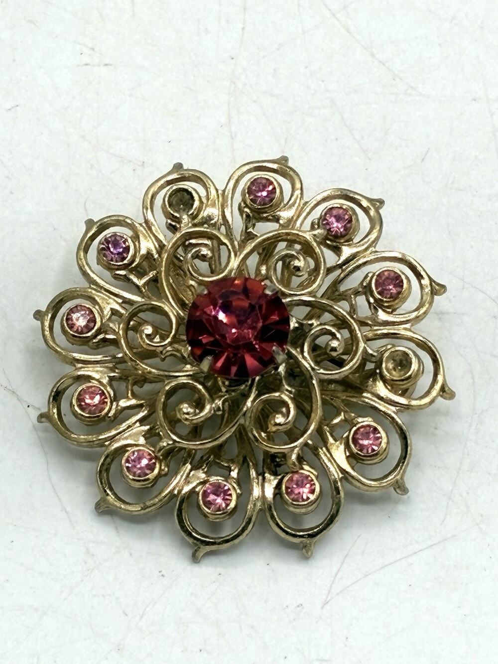 Vintage Coro Pink Rhinestone Floral Brooch Gold Tone Mid Century 1950s Signed